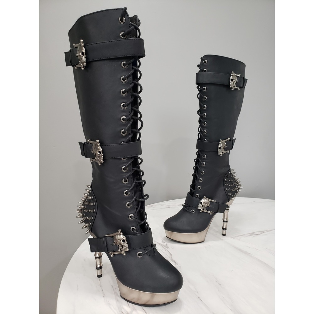 SZ 11 DEMONIA Muerto Bone High Heel Spiked Skull Buckle Moto gothic Knee Boots